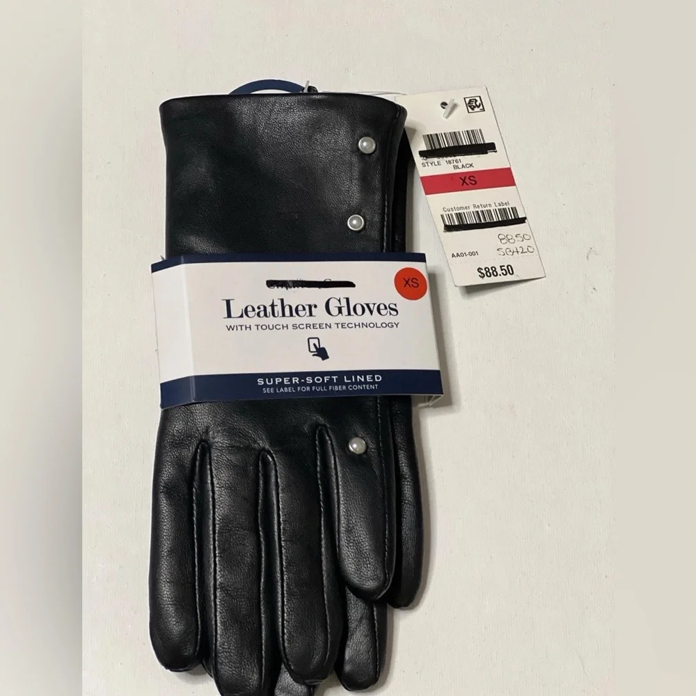 Charter Club Leather Gloves Women Sz XS Black Touch Screen Tech Faux Fur Lining